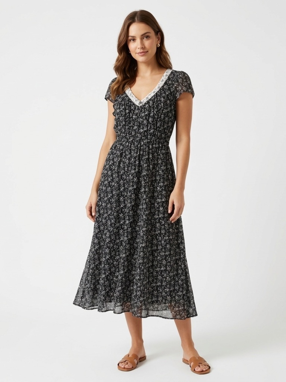 Madewell Women Floral Midi Dress Ditsy Print Elastic Waist Size 2